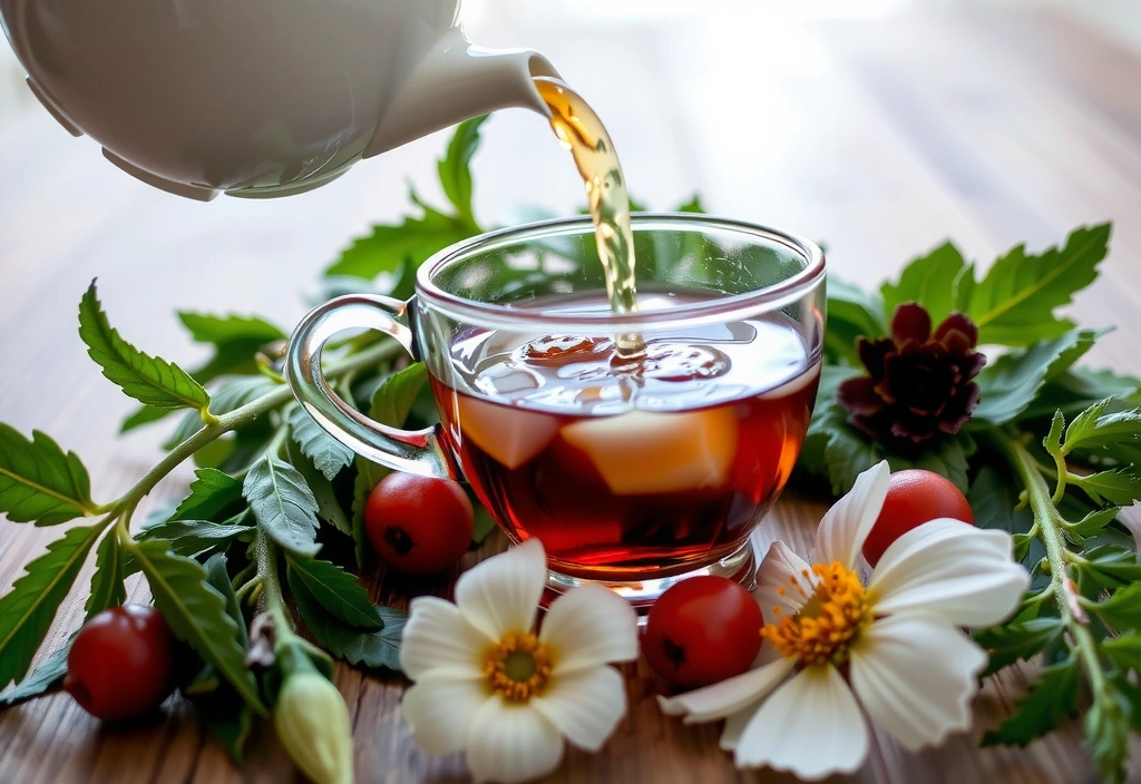 Herbal tea being poured into a cup, surrounded by fresh herbs and flowers