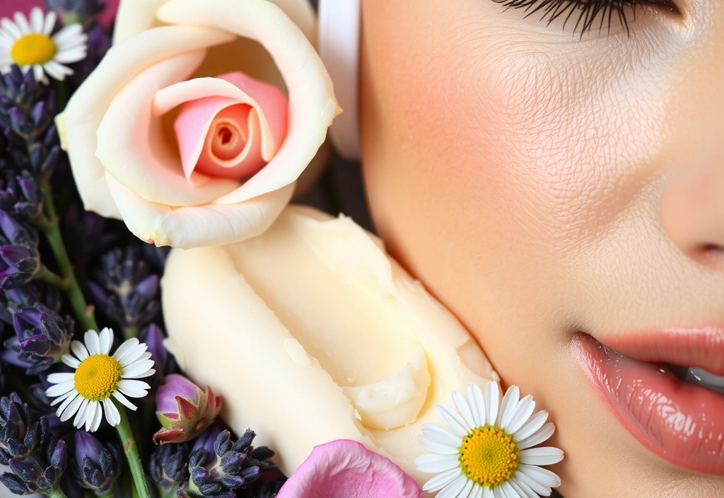 A close-up of glowing, healthy skin with dew drops, surrounded by natural ingredients like rose petals, lavender, and shea butter, symbolizing radiant beauty.