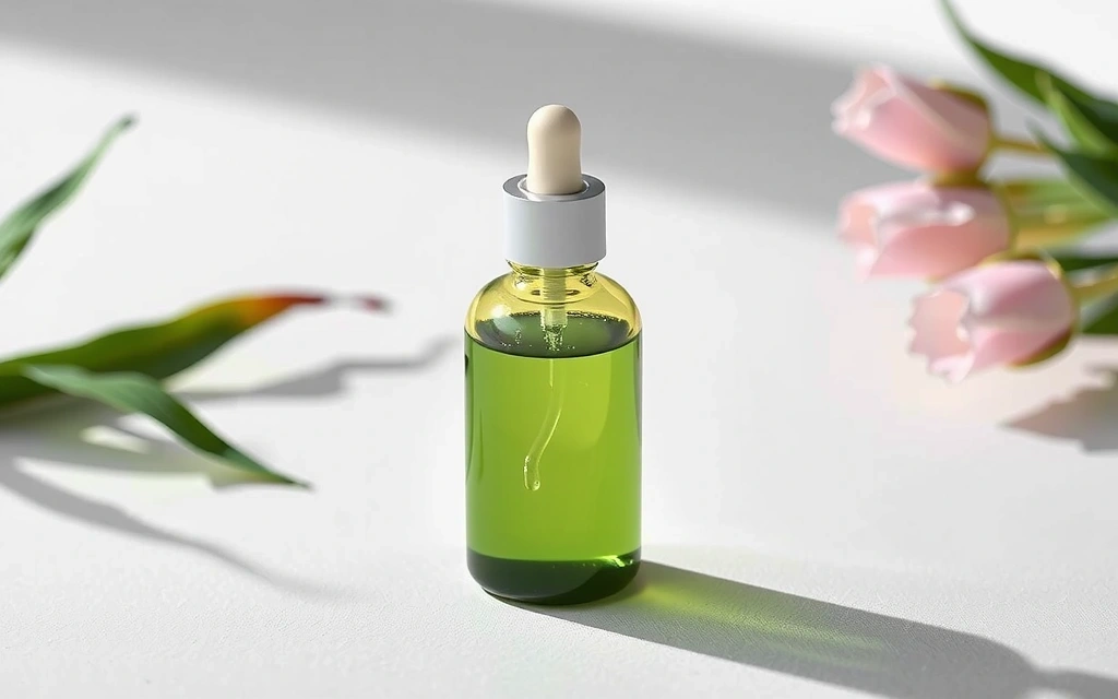 A sleek, modern glass bottle containing a new botanical serum, with soft focus natural elements in the background, signaling innovation.