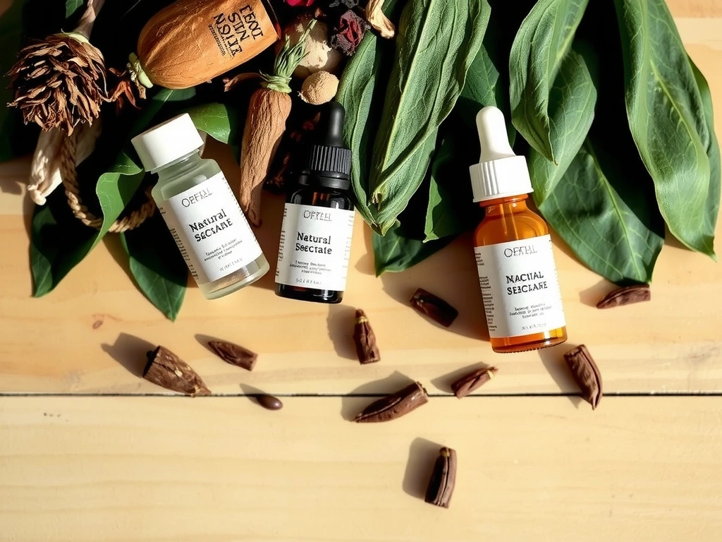 Various herbal ingredients and skincare products arranged artfully