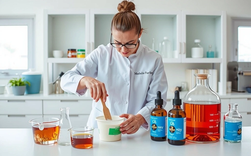 A skilled artisan carefully mixing natural cream ingredients in a sterile, modern laboratory setting, surrounded by beakers and botanical extracts.